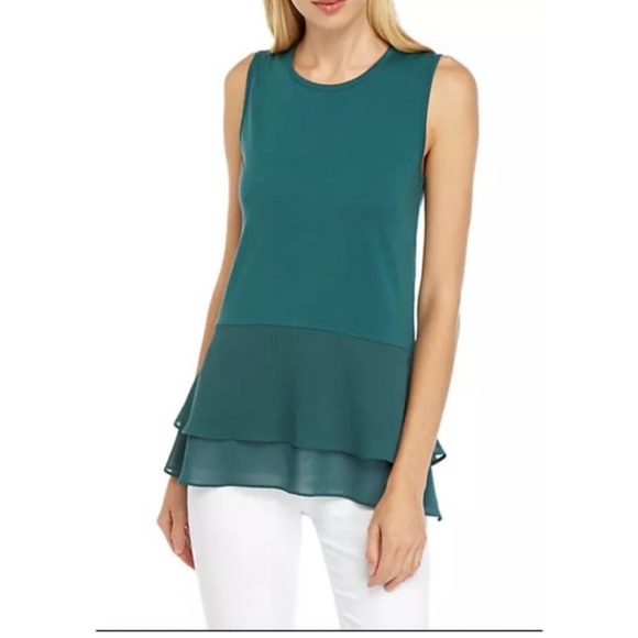 NWOT Michael Kors Women's Woven Mix Double Hem Teal Tank Top Blouse - Picture 1 of 8